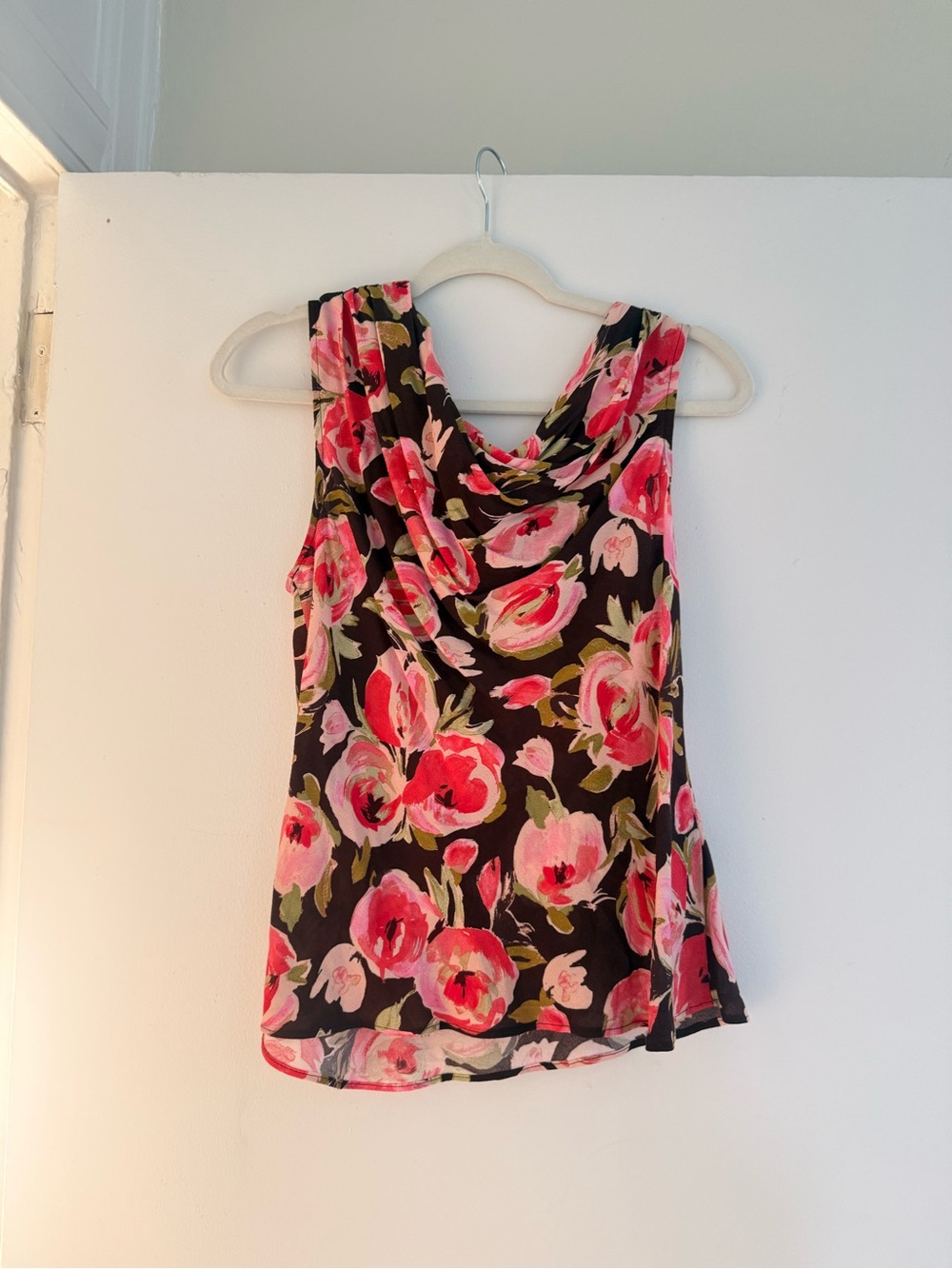 Mango Pink Floral Cowl Neck Sleeveless Camisole on Black